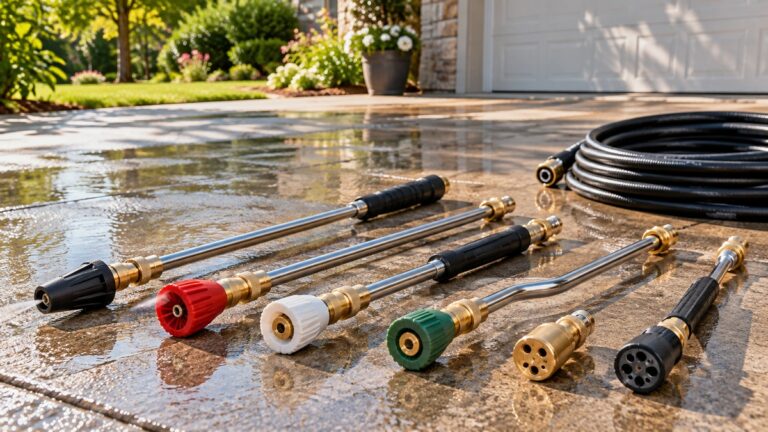 Six pressure washer nozzle and hose wand attachments arranged on a wet sunny driveway.
