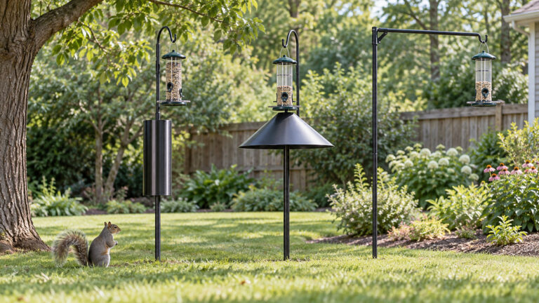 Humane squirrel deterrent options shown on bird feeder poles in a backyard garden.