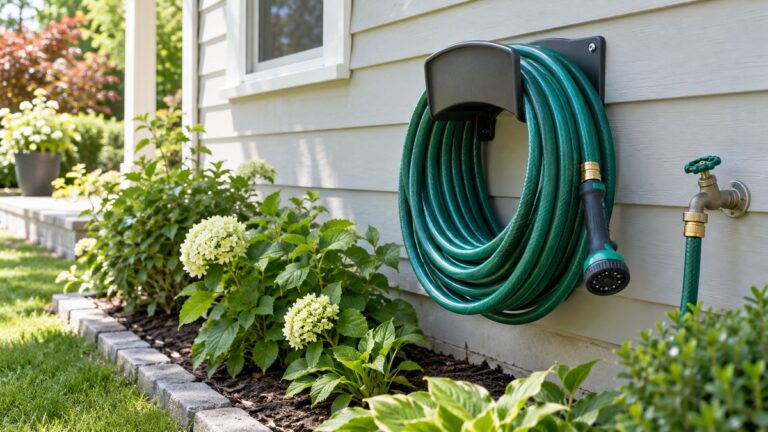 A wall-mounted holder supports a neatly coiled garden hose on the side of a house.