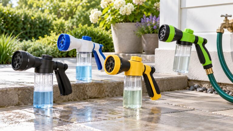 Four hose nozzles with clear soap dispensers are arranged on a sunny patio.
