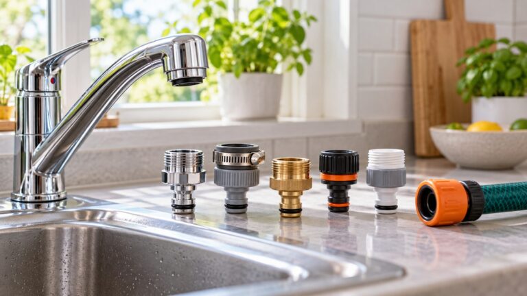 Kitchen tap hose connectors are arranged beside a sink and garden hose end.