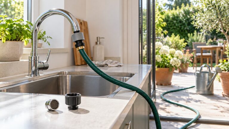 A green hose connects to a kitchen faucet and runs toward a patio watering can.