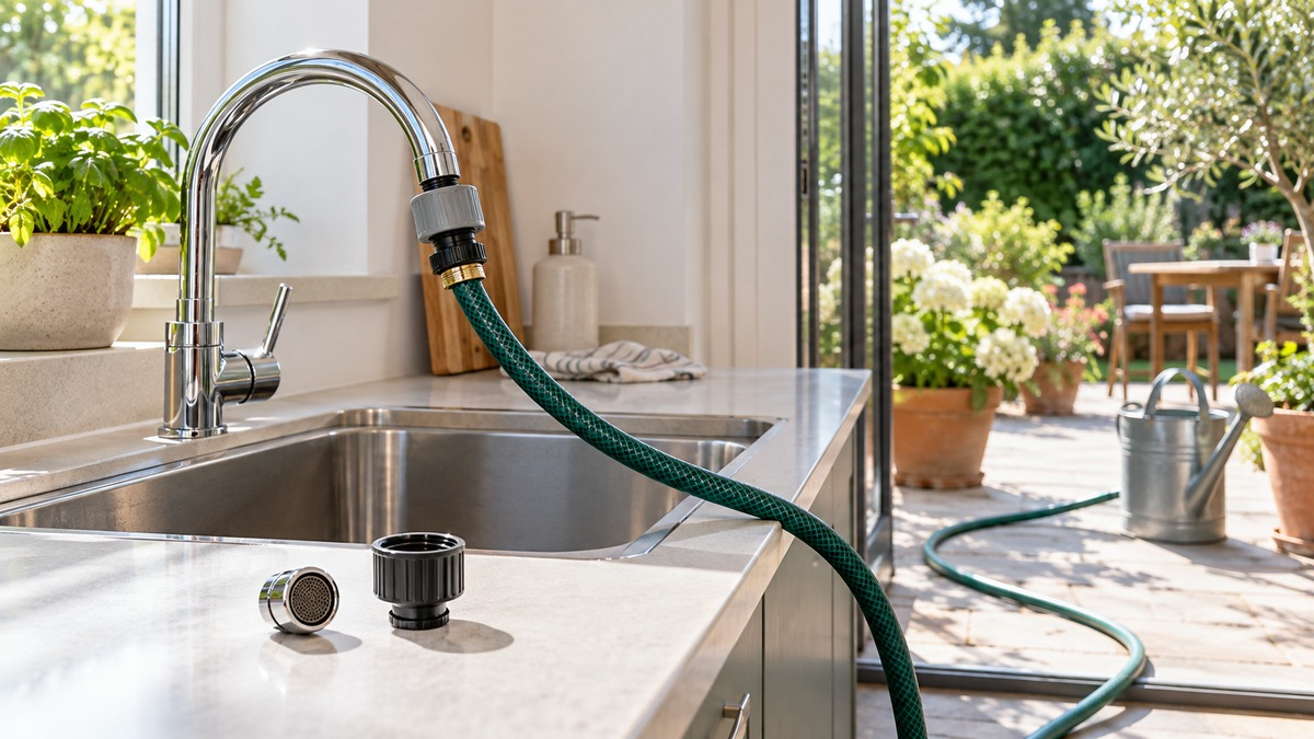 A green hose connects to a kitchen faucet and runs toward a patio watering can.
