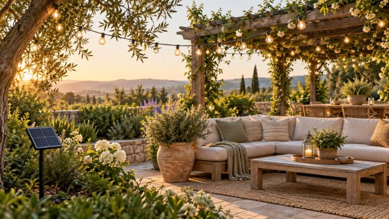 Solar LED string lights hang above a garden patio with their solar panel visible.