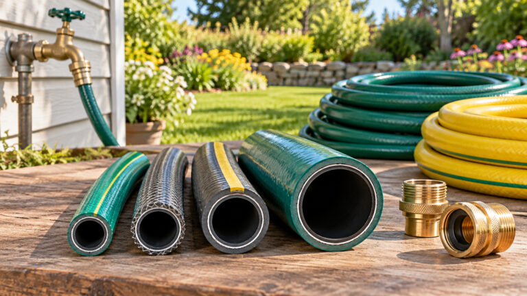 Cutaway garden hose samples showing several different inside diameters on a garden bench.