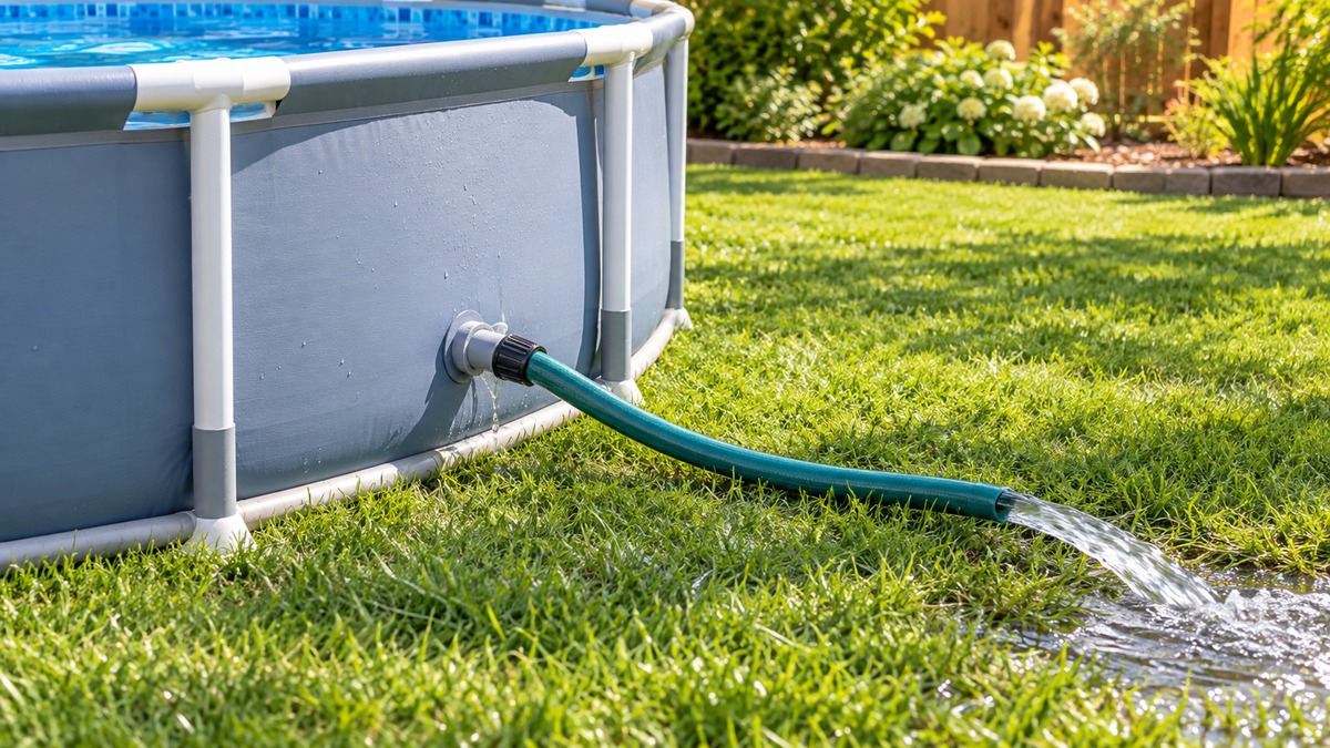 A garden hose drains water from the outlet of a round above-ground pool.