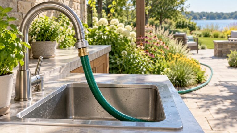 A metal adapter connects a garden hose to a faucet at an outdoor sink.