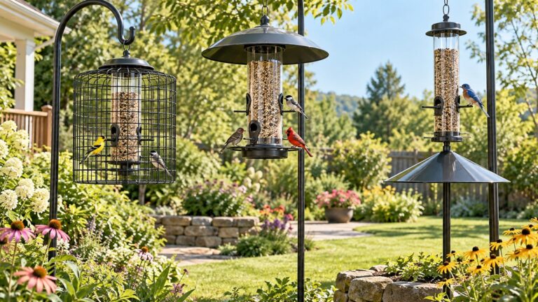 Several large squirrel-resistant bird feeders with visiting songbirds in a sunny garden.