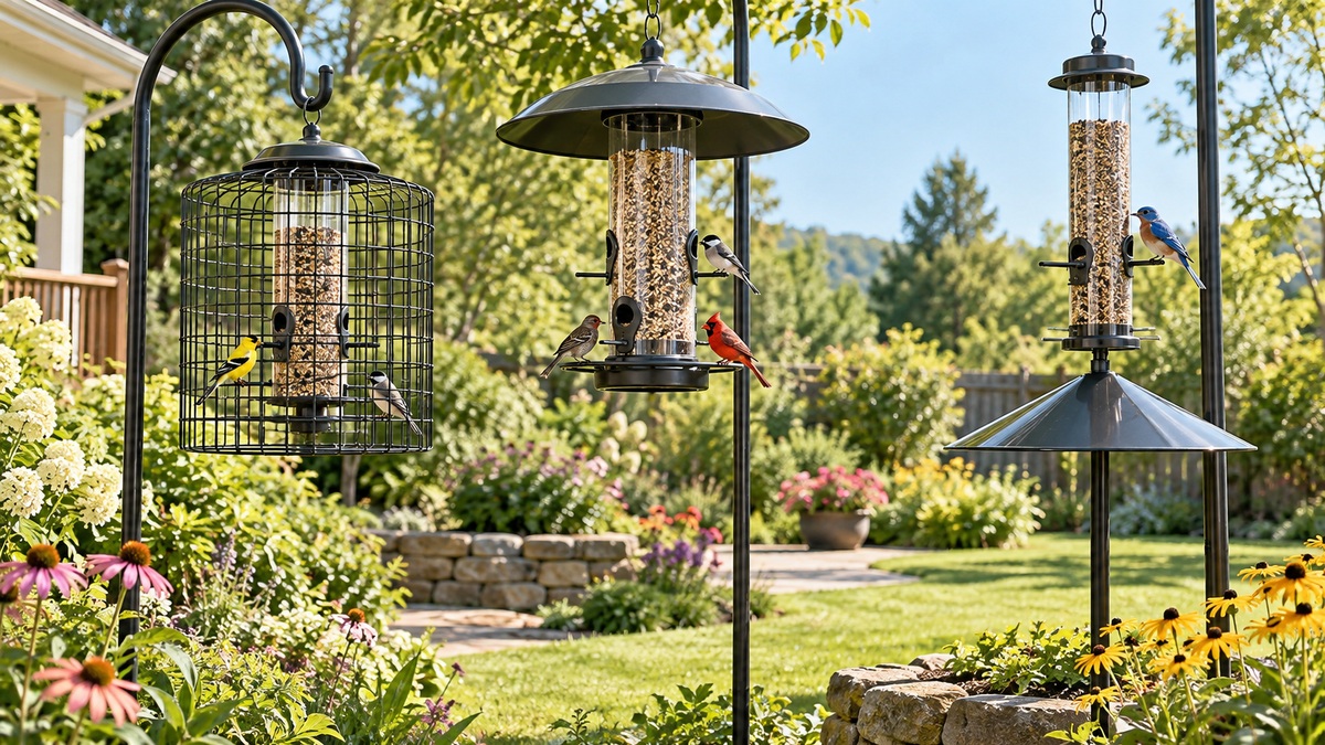 Several large squirrel-resistant bird feeders with visiting songbirds in a sunny garden.