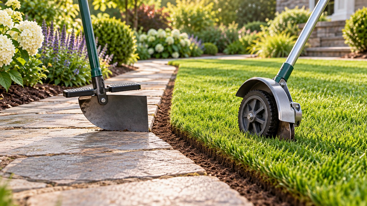 Manual lawn edgers beside a clean garden border