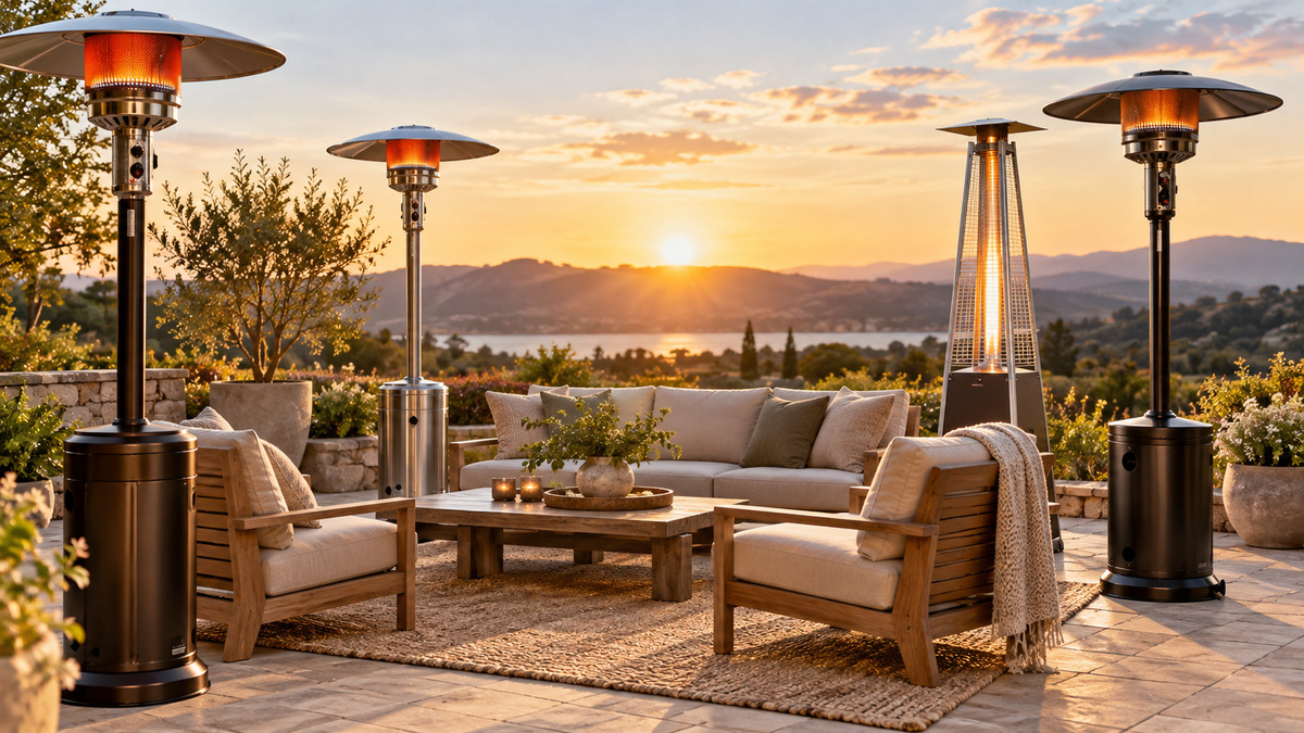 Standing propane patio heater styles surround a comfortable outdoor seating area at sunset.