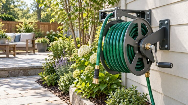 A wall-mounted metal hose reel holds a neatly coiled green garden hose.