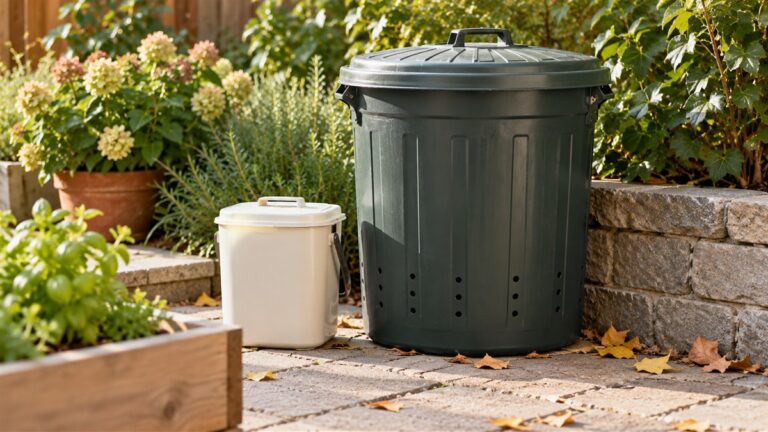 A plain trash can beside a small kitchen scrap bin with a lid, set on a backyard patio next to a few fallen leaves.