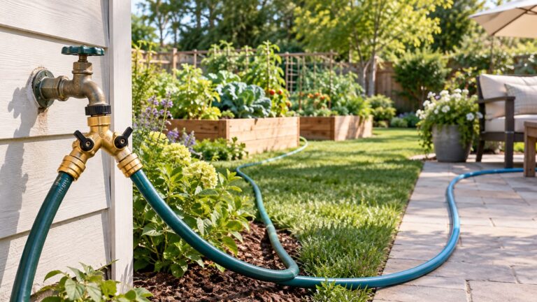 A brass Y splitter sends two garden hoses toward raised beds and a patio.