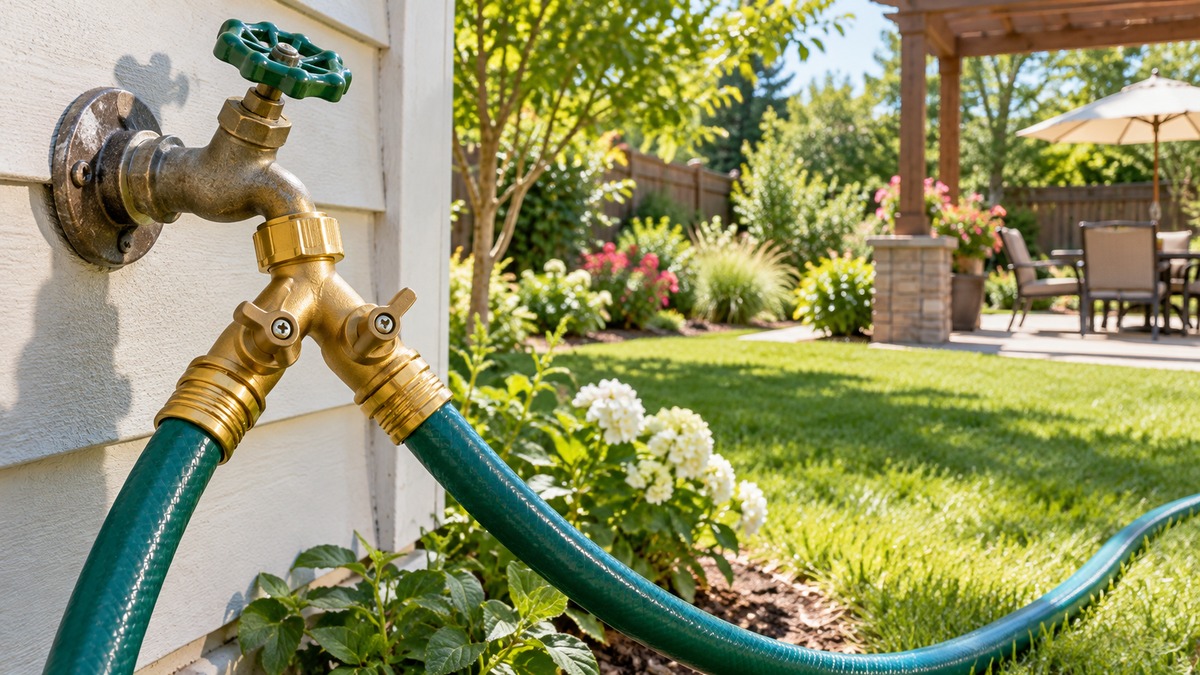 A brass two-way hose splitter connects two green hoses to an outdoor spigot.
