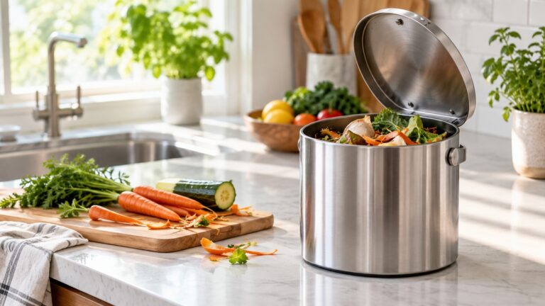 An open stainless steel countertop compost bin holds fresh vegetable scraps in a sunny kitchen.