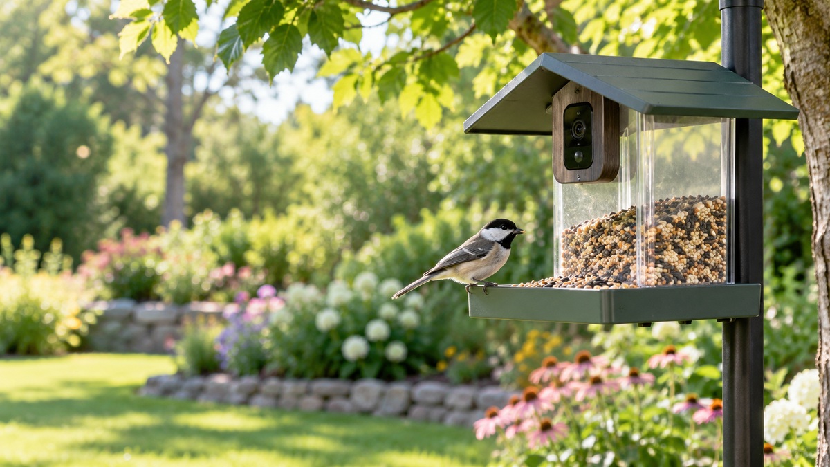 A songbird perches at a camera-equipped feeder in a bright leafy garden.