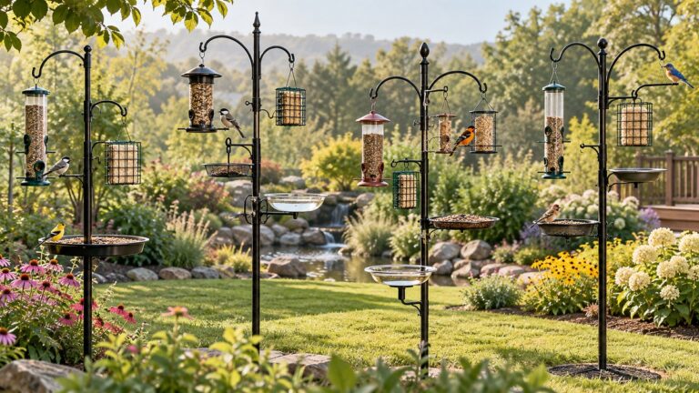 Several generic multi-feeder bird stations arranged across a sunny backyard garden.
