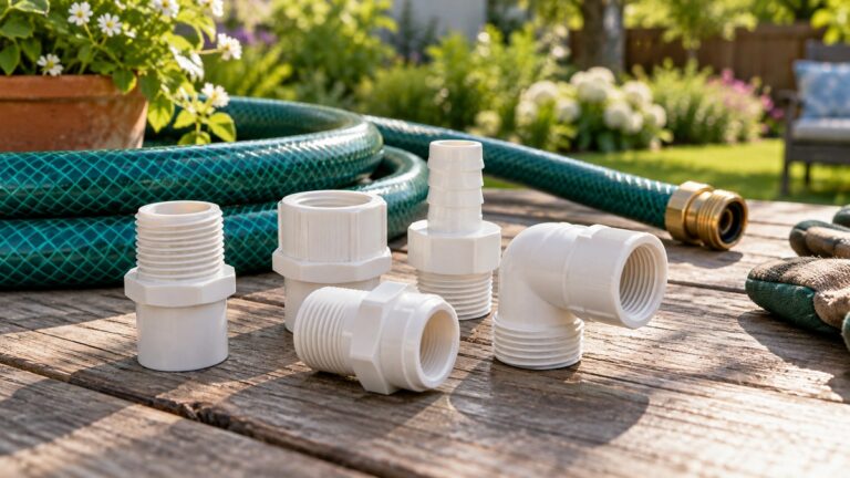White PVC hose adapters rest beside a green garden hose on a wooden table.