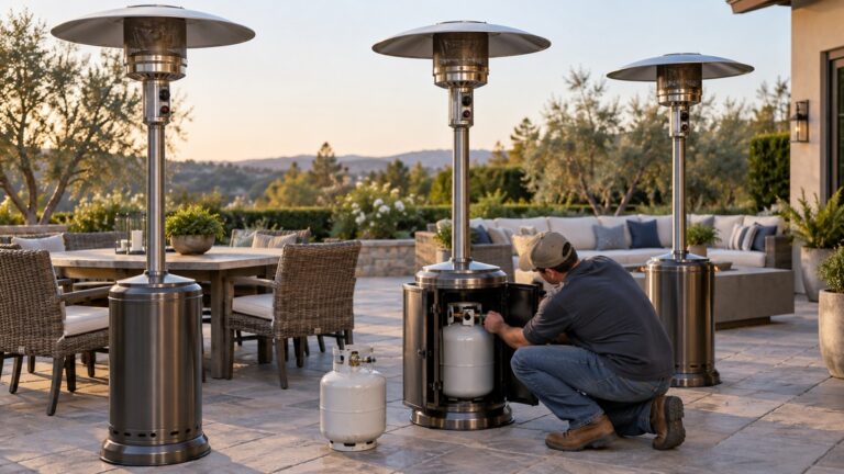 Generic patio heaters being checked beside an outdoor seating area.