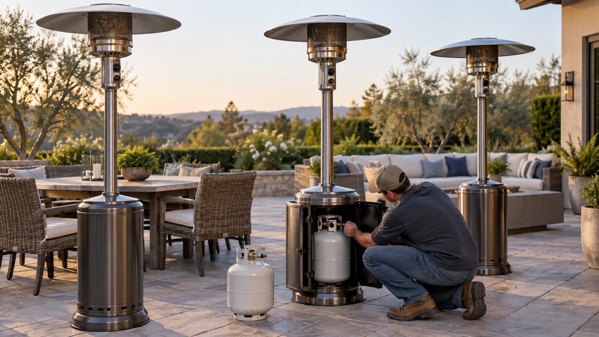 Generic patio heaters being checked beside an outdoor seating area.