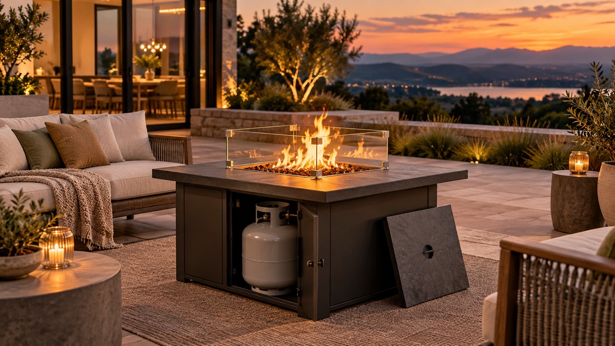 A square propane fire table with a lid on a patio, a 20 lb tank tucked underneath, a warm evening flame.