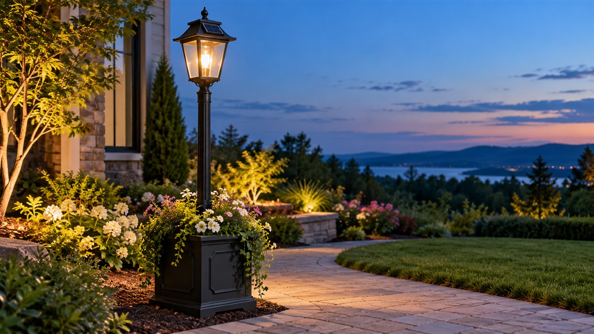 A black solar lamp post with a planter base and a glass lantern lit at dusk beside a garden path.