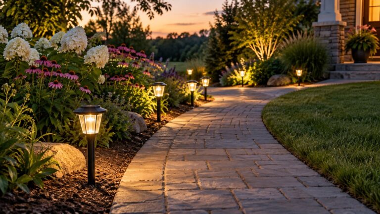 A garden path lined with solar stake lights glowing warm white at dusk, with a flower bed on one side and a lawn on the other.