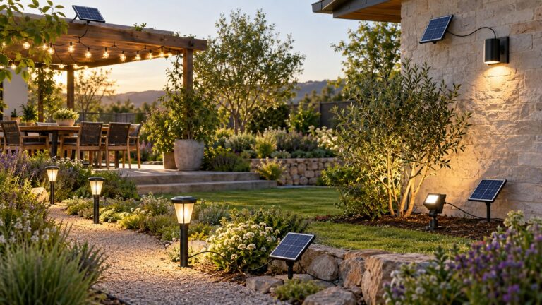 Outdoor pathway and wall lights connected to separate solar panels in a landscaped garden.