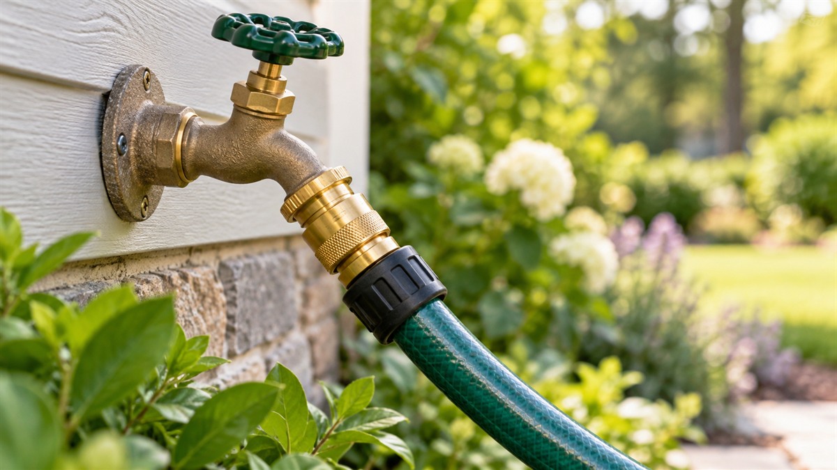 A brass connector screwed onto an outdoor spigot, with a garden hose attached through a quick-connect end.