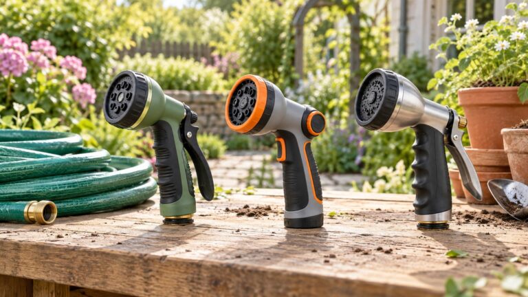 Three generic pistol-grip garden hose nozzles compared on an outdoor potting bench.