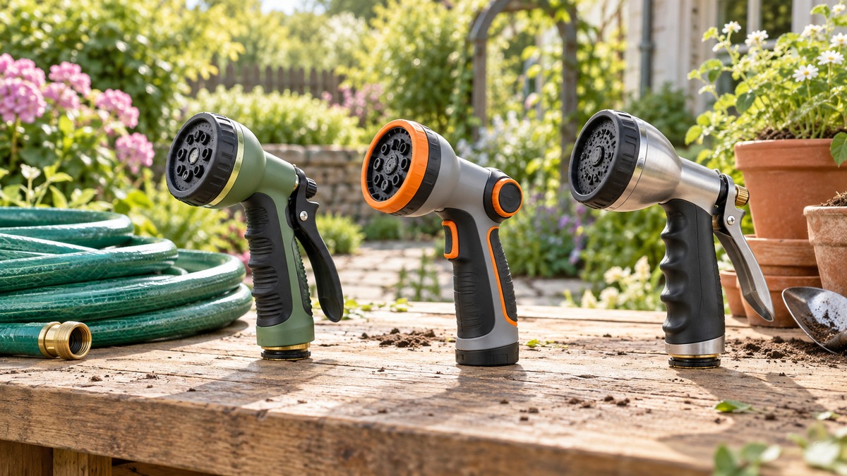 Three generic pistol-grip garden hose nozzles compared on an outdoor potting bench.