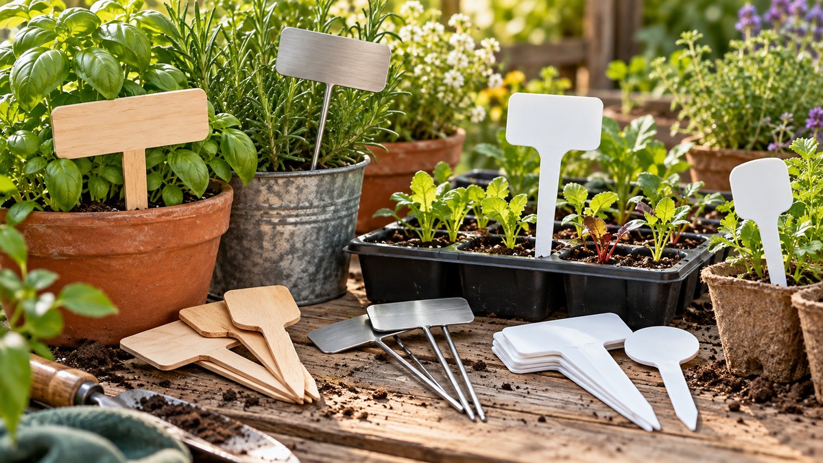 Reusable plant labels among herbs and seedlings