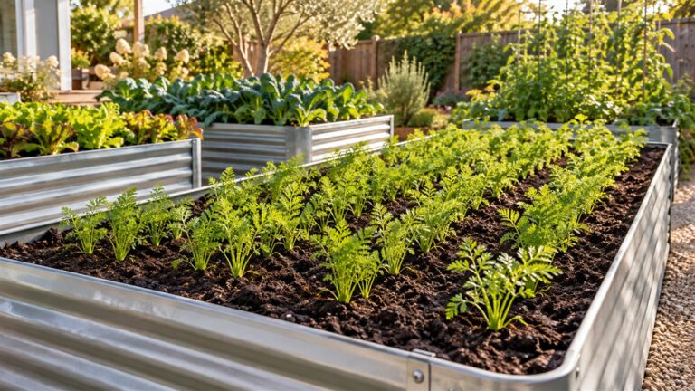 Young carrot tops grow in rows of dark soil inside a metal raised bed.