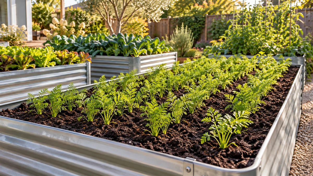 Young carrot tops grow in rows of dark soil inside a metal raised bed.