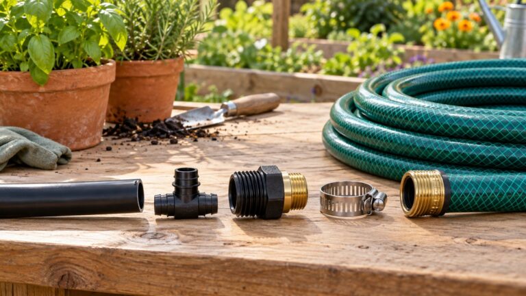 Generic fittings for connecting black poly pipe to a garden hose on an outdoor workbench.