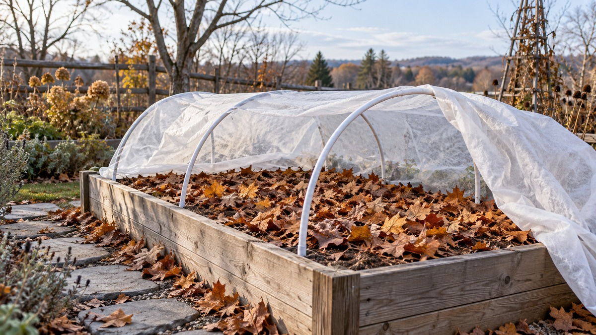 A raised garden bed is covered with autumn leaves and a frost cloth on hoops.
