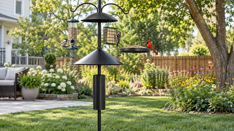 Humane squirrel deterrents fitted to a bird feeder pole.