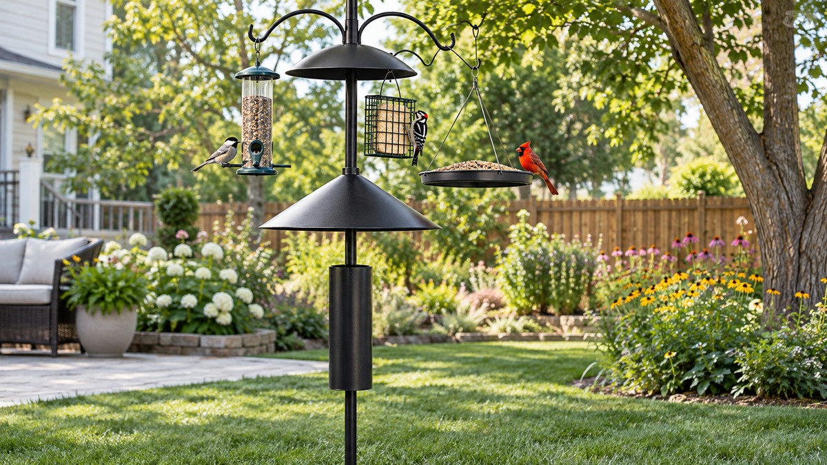 Humane squirrel deterrents fitted to a bird feeder pole.