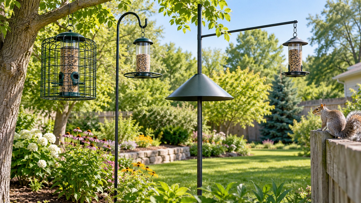 Humane squirrel-resistant bird feeders and baffles are shown in a sunny backyard.