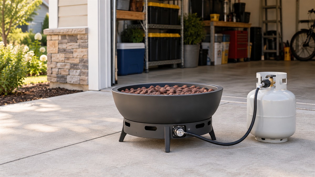Best propane fire pit in garage with door open