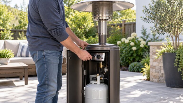 A person inspects the open control compartment of an unlit propane patio heater.