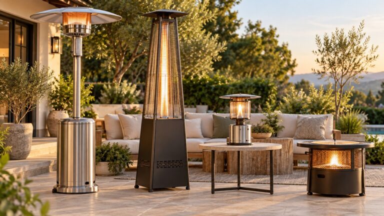 Several generic propane patio heater styles arranged on a refined outdoor terrace.