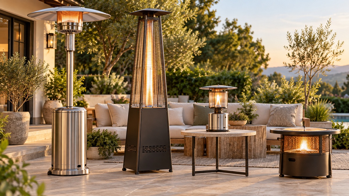 Several generic propane patio heater styles arranged on a refined outdoor terrace.