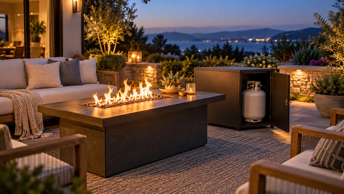 A glowing patio fire pit stands beside an open cabinet holding a propane tank.