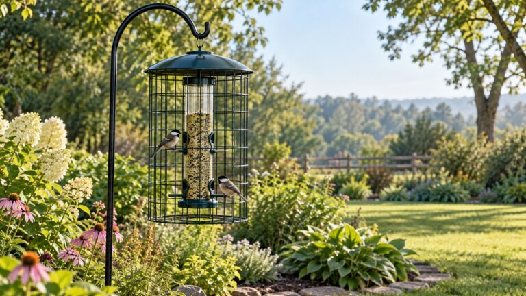 A caged tube bird feeder hangs from a shepherd hook in a sunny garden.