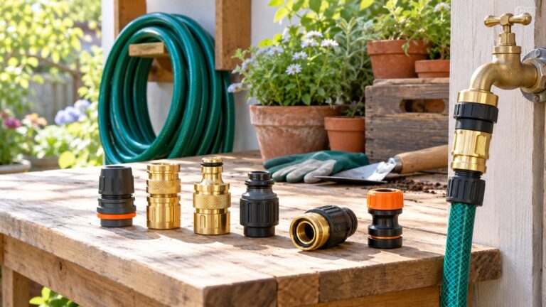 Several brass and polymer quick-connect hose fittings are arranged on a garden bench.