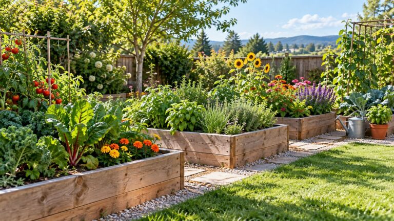 Raised garden beds filled with vegetables, herbs, and flowers in a sunny backyard.