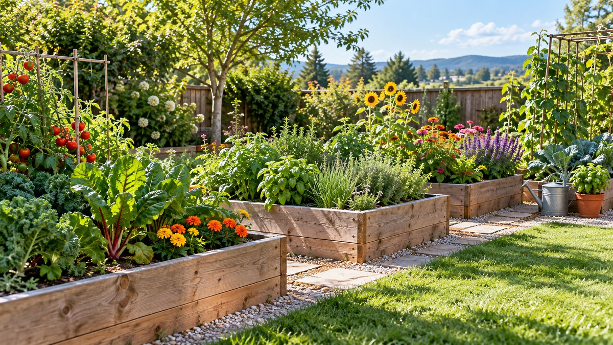 Raised garden beds filled with vegetables, herbs, and flowers in a sunny backyard.