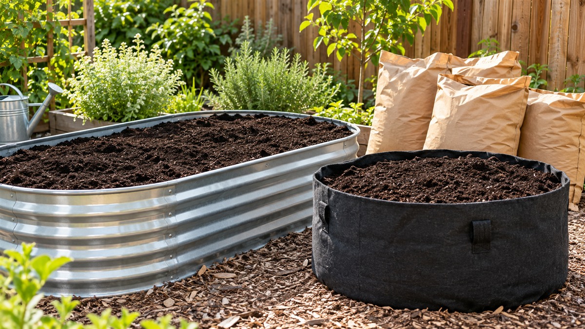Metal and fabric raised beds filled with soil stand beside plain compost bags.